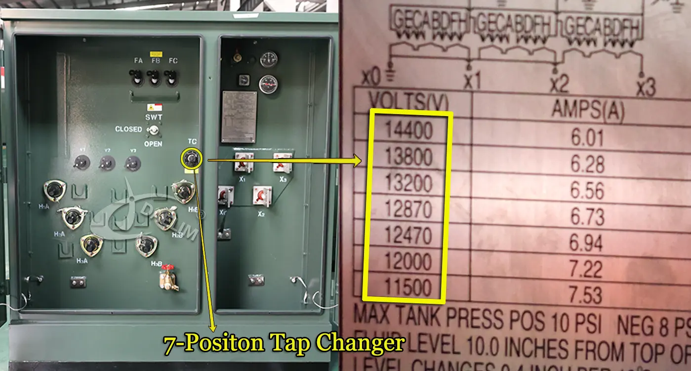 7 position tap changer pad mounted transformer
