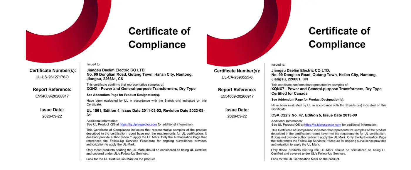 dry transformer ul cul certificate